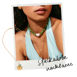 Polaroid collage captioned stackable necklaces with a green bead pearl choker and gold sun charm chain – Love Letter lookbook