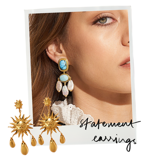 Polaroid collage captioned statement earrings with turquoise pearl drops and gold sun chandelier earrings – Love Letter lookbook