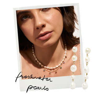 Polaroid collage captioned freshwater pearls with layered pearl necklaces and duster earrings – Love Letter lookbook