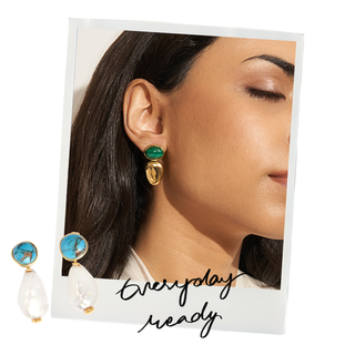 Polaroid collage captioned everyday ready with malachite gold and turquoise pearl drop earrings – Love Letter lookbook
