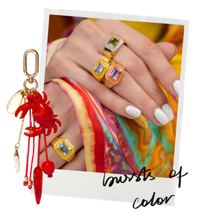 Polaroid collage captioned bursts of color with enamel gemstone rings and a red crab bag charm – Love Letter lookbook
