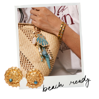 Polaroid collage captioned beach ready with a straw tote, shell bag charm and gold seashell studs – Love Letter lookbook
