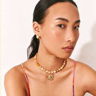BARI WHITE CHUNKY BEADED NECKLACE WITH GOLD PLATED SUN SHAPED PENDANT FOR SUMMER AFFORDABLE PREMIUM
