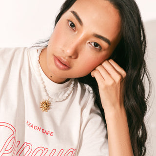 BARI WHITE CHUNKY BEADED NECKLACE WITH GOLD PLATED SUN SHAPED PENDANT FOR SUMMER AFFORDABLE PREMIUM