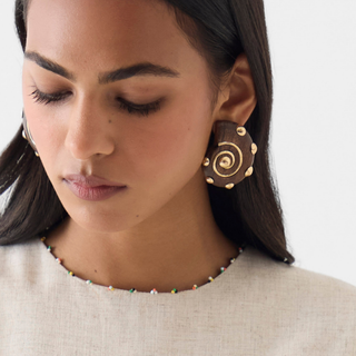 Shell shaped statement wood stud earrings with gold stone accents
