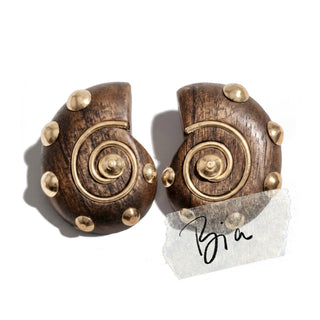 Shell shaped wood stud earrings with gold stone accents