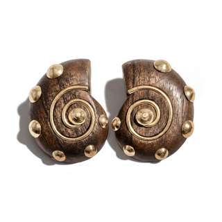 Shell shaped wood stud earrings with gold stone accents