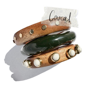 Chunky bangles set of 3 - Wooden bangles with gold and white stones & green organic shaped resin bangle