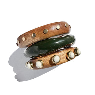 Chunky bangles set of 3 - Wooden bangles with gold and white stones & green organic shaped resin bangle