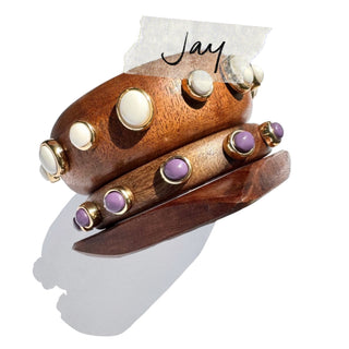 Jay - Set of 3 Chunky Statement bangles made with Teak wood & resin stones