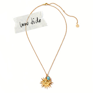 LOW TIDE - 18K GOLD PLATED THIN CHAIN WITH SUN SHAPED PENDANT AND SEMI PRECIOUS STONE COPPER TURQ PENDANT NECKLACE
