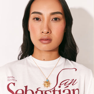18K GOLD PLATED THIN CHAIN WITH SUN SHAPED PENDANT AND SEMI PRECIOUS STONE COPPER TURQ PENDANT NECKLACE