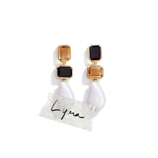 18K gold-plated metal drop earrings with semi precious faceted citrine and smoky glass stones, finished with a baroque-style pearl drop.