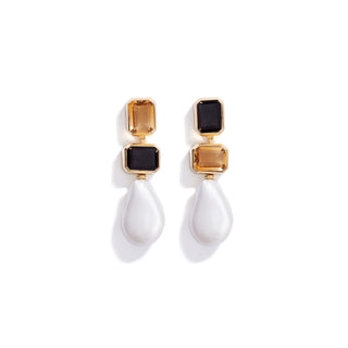 18K gold-plated metal drop earrings with semi precious faceted citrine and smoky glass stones, finished with a baroque-style pearl drop