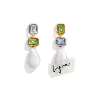 18K gold-plated metal drop earrings with semi precious faceted peridot and blue topaz stones, finished with a baroque-style pearl drop.