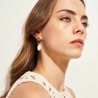 18K gold-plated metal drop earrings with semi precious faceted citrine and smoky glass stones, finished with a baroque-style pearl drop.