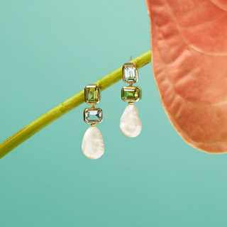 18K gold-plated metal drop earrings with semi precious faceted peridot and blue topaz stones, finished with a baroque-style pearl drop.