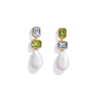 18K gold-plated metal drop earrings with semi precious faceted peridot and blue topaz stones, finished with a baroque-style pearl drop.