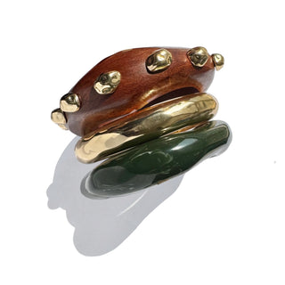 Mallard - Set of 3 bangles with Teak wood , Gold Metal & Green Resin 