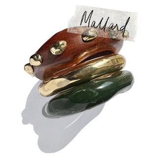 Mallard - Set of 3 bangles with Teak wood , Gold Metal & Green Resin 