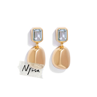 Nyssa drop earrings 18K gold-plated metal with a faceted blue topaz stone & gold pebble drop