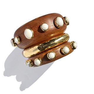 Set of 3 Chunky Statement bangles made with Teak wood , Gold metal & resin stones