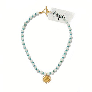 SEMI PRECIOUS BLUE WHITE BEADED NECKLACE WITH 18K GOLD PLATED SUN SHAPED PENDANT AFFORDABLE PREMIUM SUMMER