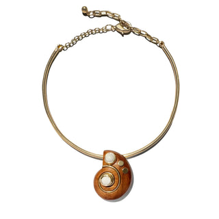 Gold plated Hasli choker necklace with teak wood shell shaped pendant & white & gold stone accents 
